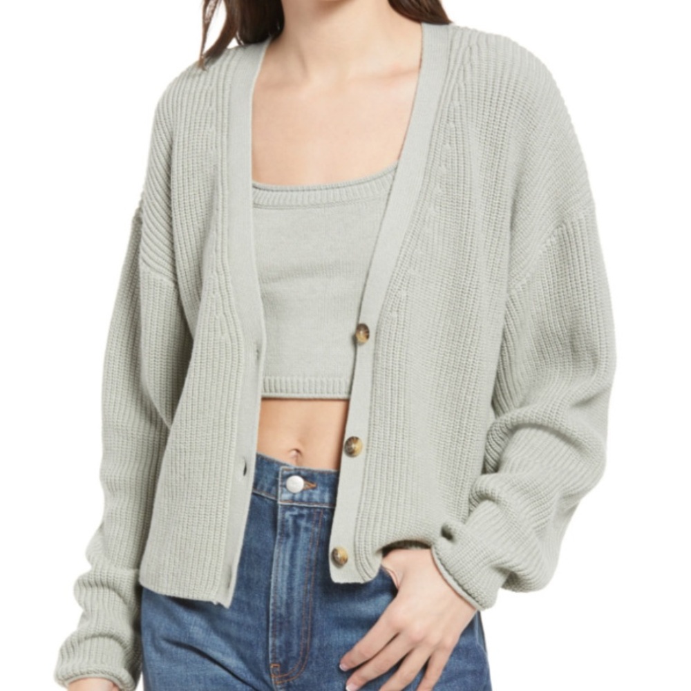 Reformation Elke Cardigan Organic Cotton Cropped Sage Green Small